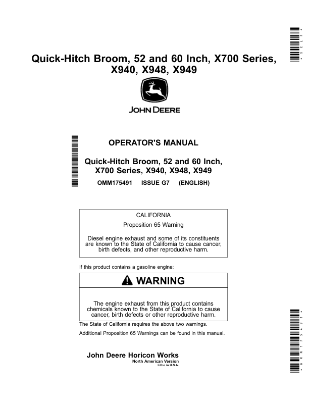John Deere 52 & 60 Inch Quick-Hitch Broom, X700 & X900 Series Tractors with Serial Numbers 040001- & above Operator's Manual (OMM175491)