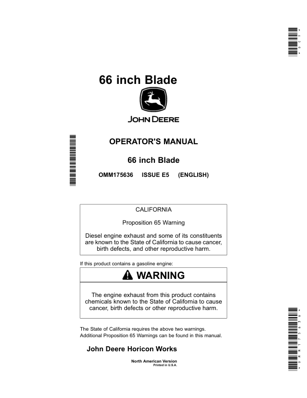 John Deere 66 Inch Blade for Gator Utility Vehicles North America (030001- ) Operator's Manual (OMM175636)
