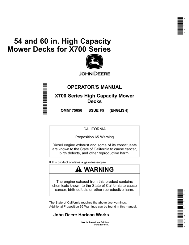 John Deere 54 & 60 In. High Capacity Mower Deckfor X700 Series Tractors North America (040001-) Operator's Manual (OMM175656)