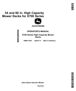 John Deere 54 & 60 In. High Capacity Mower Deck with non-greaseable, locking pin gauge wheels for X700 Series Tractors Export Edition (040001-) Operator's Manual (OMM175657)