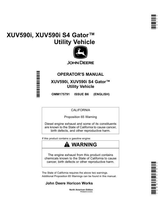 John Deere XUV590i & XUV590i S4Gator Utility Vehicle North America (010001- ) Operator's Manual (OMM175791)