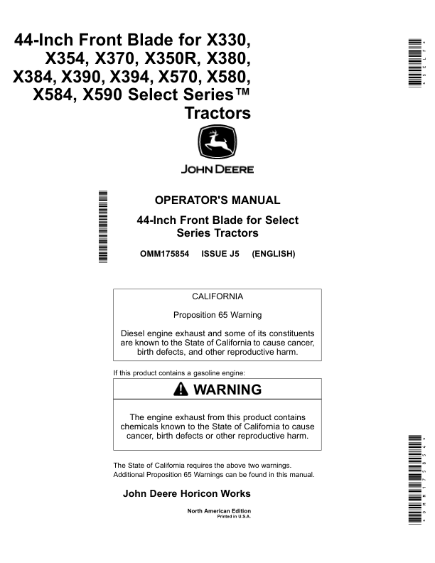 John Deere 44 Inch Front Bladefor X330 X354 X370 X350R X380X384 X390 X394 X570 X580 X584X590 Select Series Tractors North America (010001- ) Operator's Manual (OMM175854)