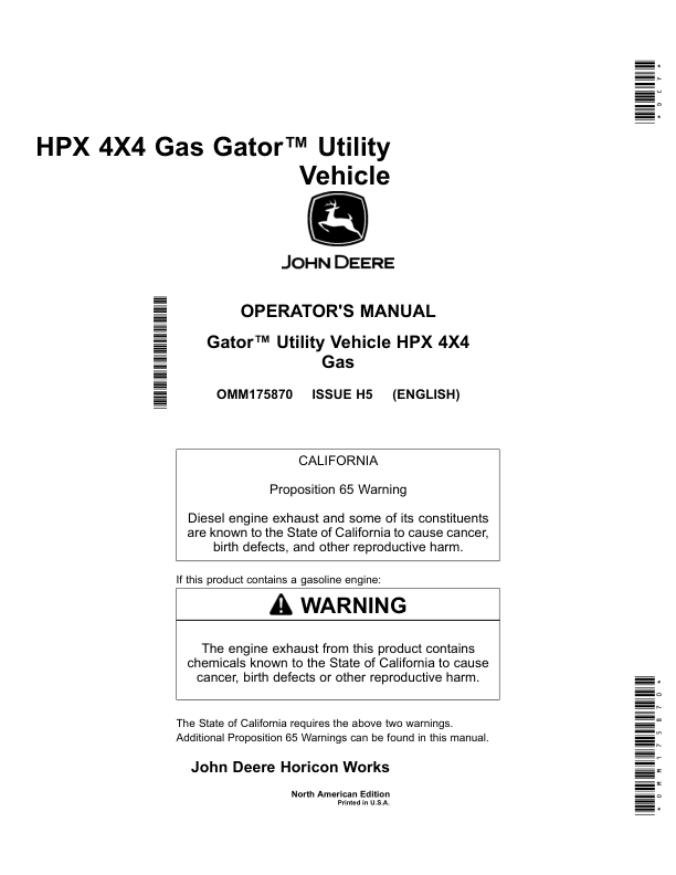 John Deere HPX-4x4 Gator Utility Vehicle Gas North America (140001- ) Operator's Manual (OMM175870)