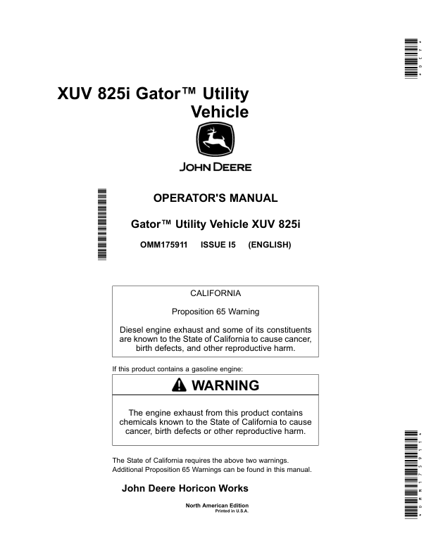 John Deere XUV 825i Gator Utility Vehicle North America (110001- ) Operator's Manual (OMM175911)