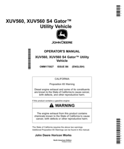 John Deere XUV560 & XUV560 S4Gator Utility Vehicle North America (010001- ) Operator's Manual (OMM175927)