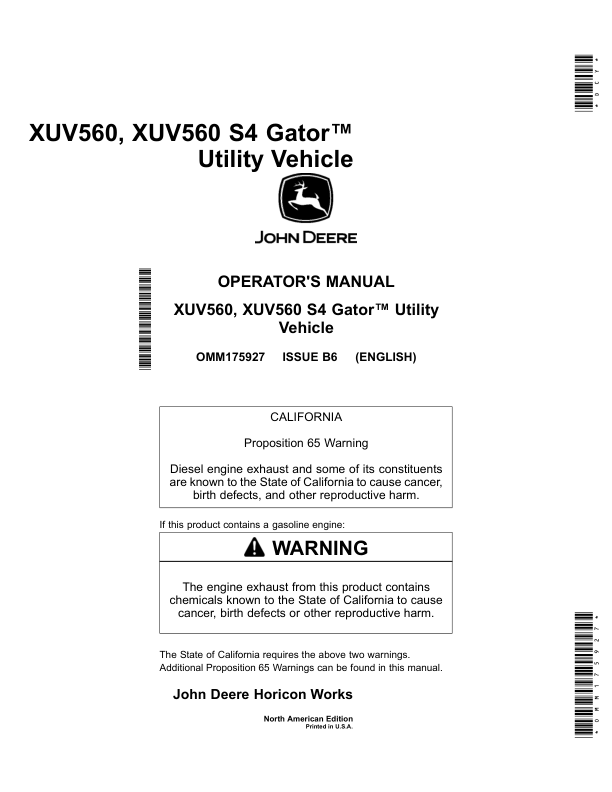 John Deere XUV560 & XUV560 S4Gator Utility Vehicle North America (010001- ) Operator's Manual (OMM175927)
