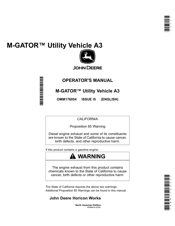 John Deere M-Gator A3 Utility All Terrain Vehicle North America (110001-) Operator's Manual (OMM176054)