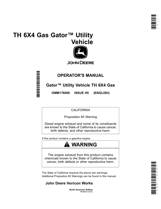 John Deere TH (6x4) Gator Utility Vehicle (Gas)North America (110001- ) Operator's Manual (OMM176060)