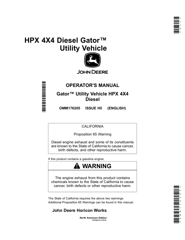 John Deere HPX-4x4 Gator Utility Vehicle Diesel North America (140001- ) Operator's Manual (OMM176205)