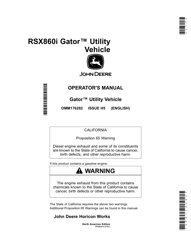 John Deere RSX860i Gator Utility Vehicle North America (010001- ) Operator's Manual (OMM176282)