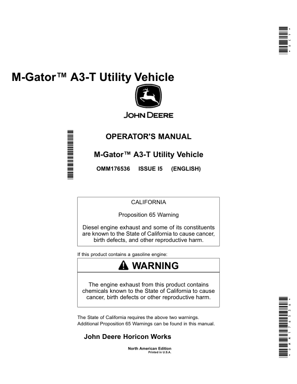 John Deere M-Gator A3-T Utility Vehicle North America (020001-) Operator's Manual (OMM176536)
