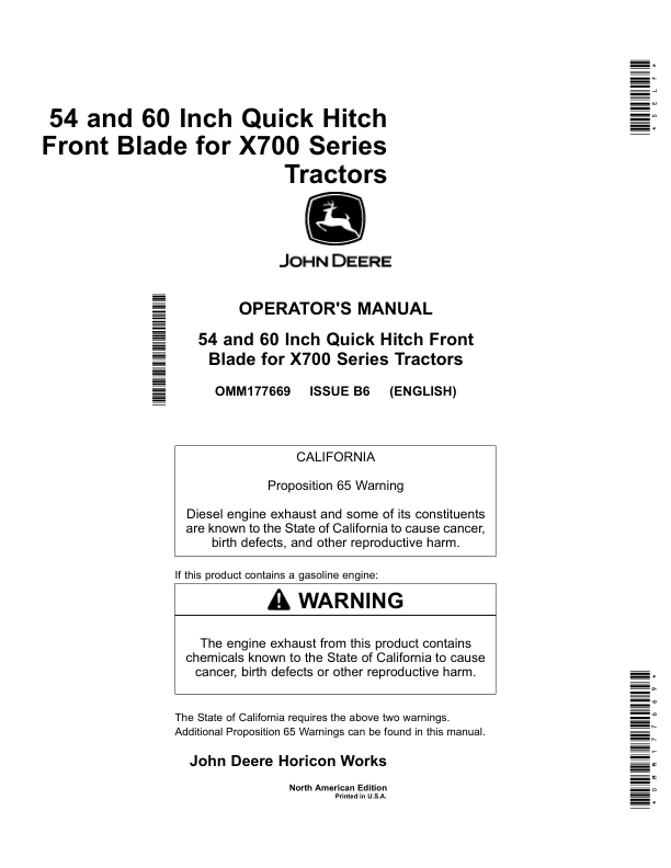 John Deere 54 Inch & 60 Inch Quick Hitch Blade for X700 Series Tractors 54 Inch Blade (150001- ) 60 Inch Blade (010001- ) Operator's Manual (OMM177669)
