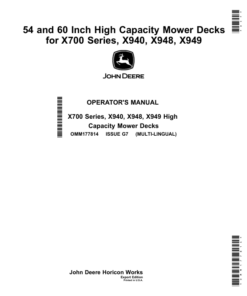 John Deere 54, 60 Inch High Capacity Mower Decks for X700 Series, X940, X948, X949 (Export Edition)(s,n. 040001-) Operator's Manual (OMM177814)