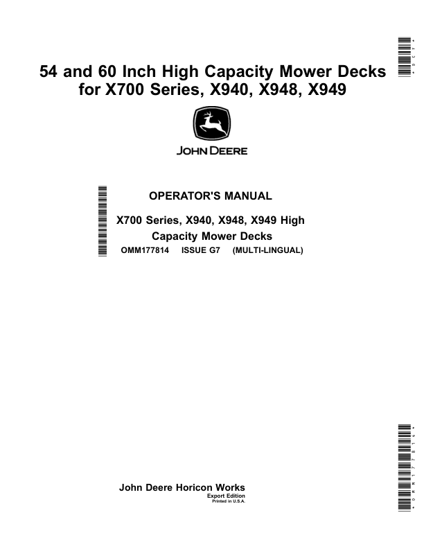 John Deere 54, 60 Inch High Capacity Mower Decks for X700 Series, X940, X948, X949 (Export Edition)(s,n. 040001-) Operator's Manual (OMM177814)
