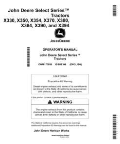 John Deere X330, X350, X354, X370, X380, X384, X390 & X394 Select Series Tractors (020001-050000) (North American) Operator's Manual (OMM177850)