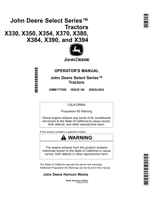 John Deere X330, X350, X354, X370, X380, X384, X390 & X394 Select Series Tractors (020001-050000) (North American) Operator's Manual (OMM177850)