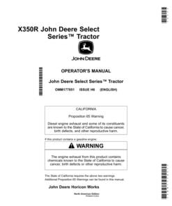 John Deere X350R Select Series Tractor (North American) Operator's Manual (OMM177851)