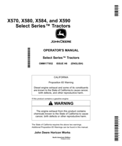 John Deere X570, X580, X584, & X590 Select Series Tractors (North American) Operator's Manual (OMM177852)