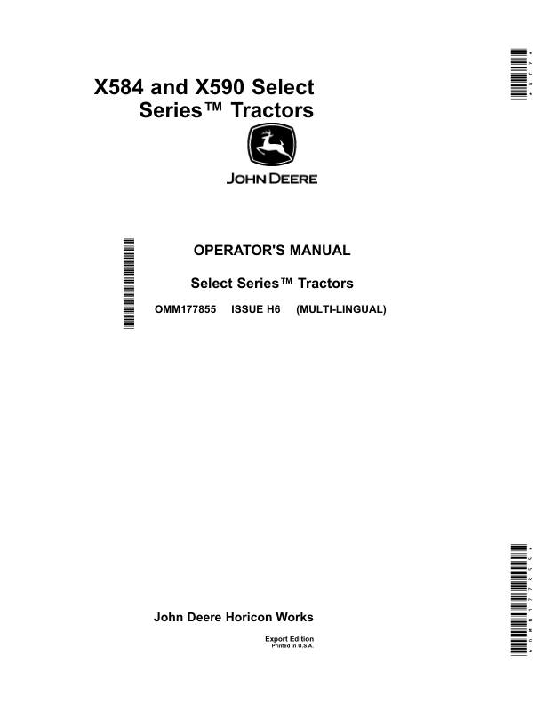 John Deere X584, X590 Select Series Tractors (Export Edition) (SN 120001-) Operator's Manual (OMM177855)