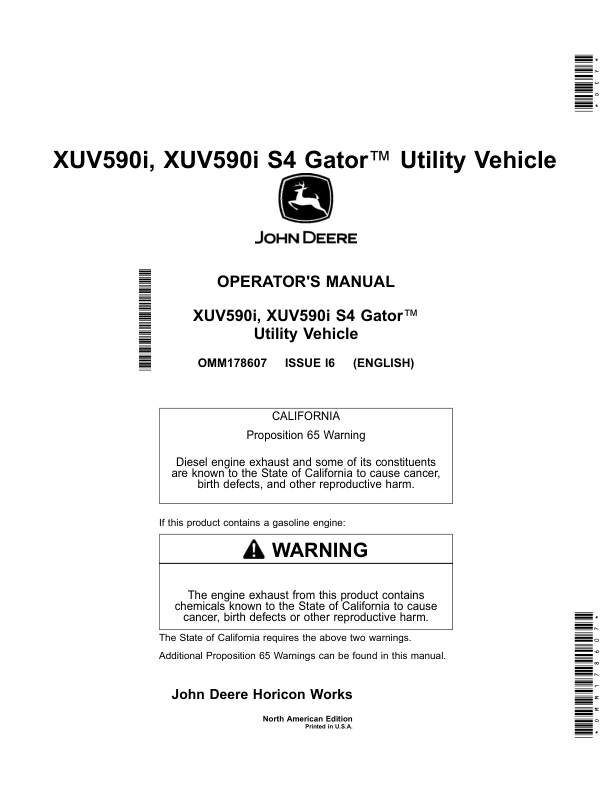 John Deere XUV590i, XUV590i S4 Gator Utility Vehicle (North American) Operator's Manual (OMM178607)