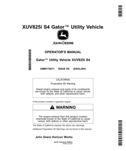 John Deere XUV825i S4 Gator Utility Vehicles Operator's Manual (OMM178611)