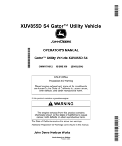 John Deere XUV855D S4 Gator Utility Vehicles Operator's Manual (OMM178612)