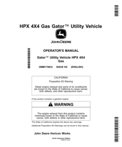 John Deere HPX 4X4 Gas Gator Utility Vehicles (Engine-Kawasaki FD620) Operator's Manual (OMM178633)