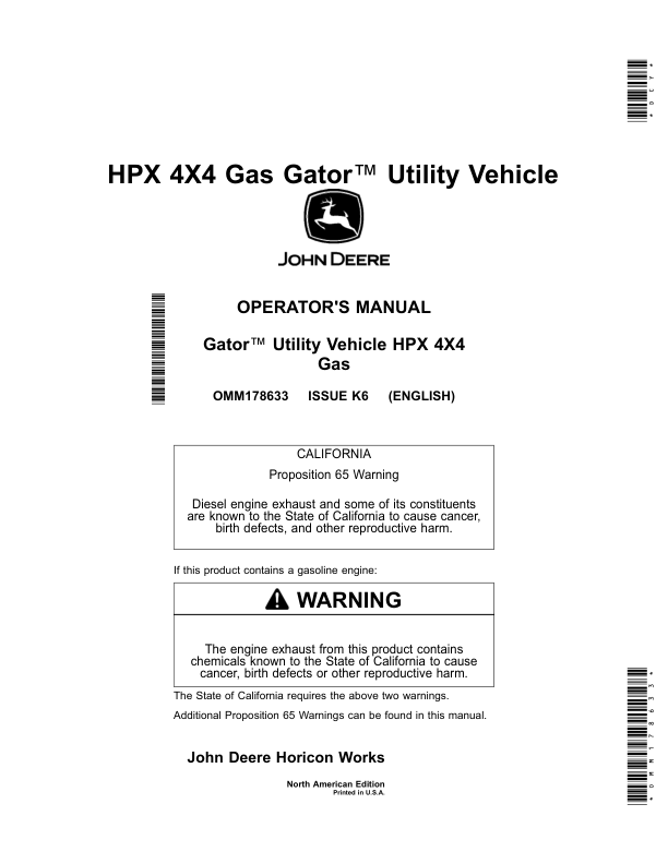 John Deere HPX 4X4 Gas Gator Utility Vehicles (Engine-Kawasaki FD620) Operator's Manual (OMM178633)