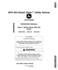 John Deere HPX 4X4 Diesel Gator Utility Vehicles Diesel (Engine-Yanmar 3TNV70) Operator's Manual (OMM178634)