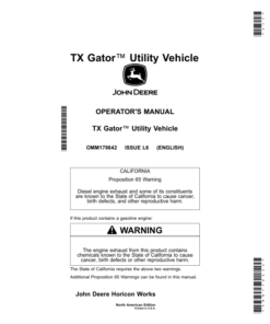 John Deere TX 4x2 Gas Gator Utility Vehicles (Engine-Kawasaki FH601) Operator's Manual (OMM178642)
