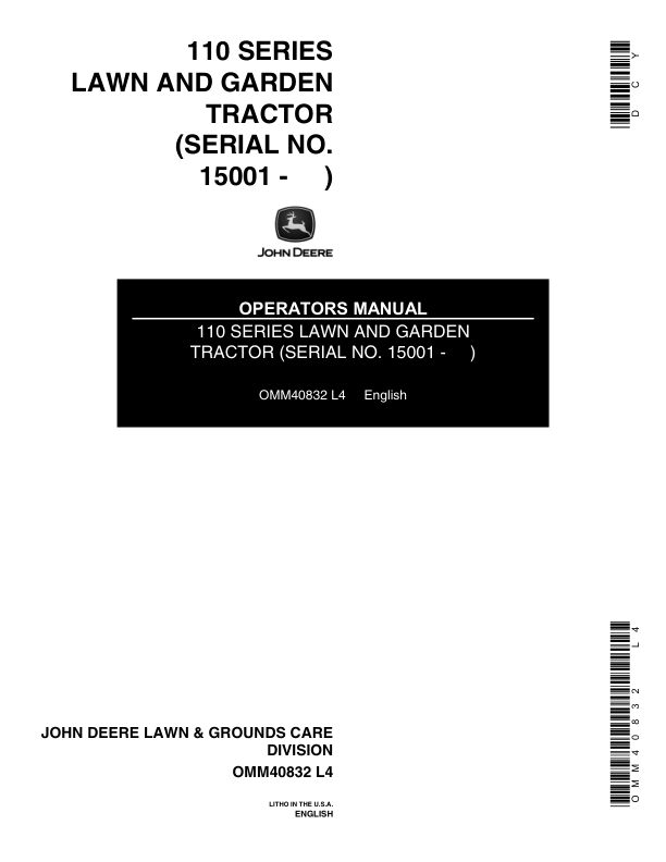 John Deere 110 Lawn & Garden Tractor Operator's Manual (OMM40832)