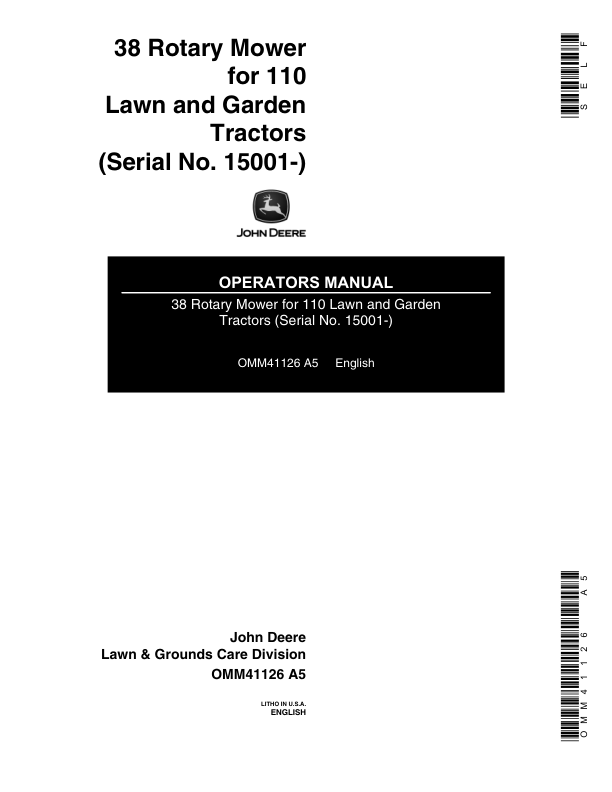 John Deere 38 Rotary Mower (015001-) Operator's Manual (OMM41126)
