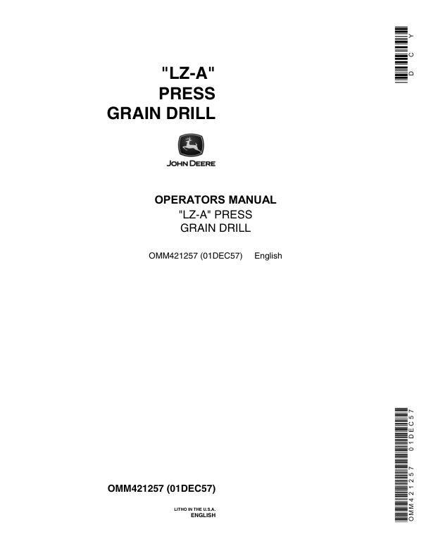 John Deere LZ-A Press Grain Drill Operator's Manual (OMM421257)