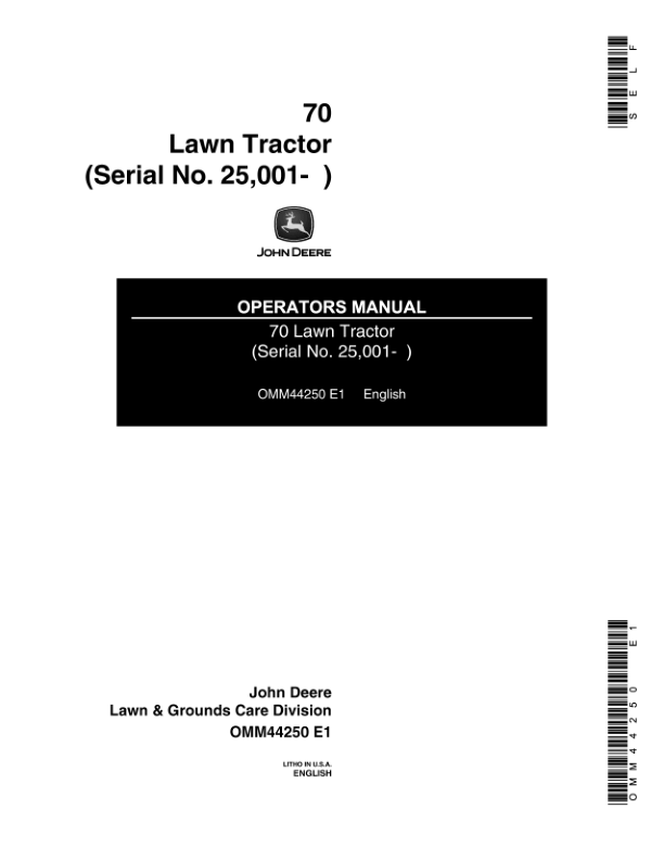 John Deere 70 Lawn Tractor (025001-) Operator's Manual (OMM44250)