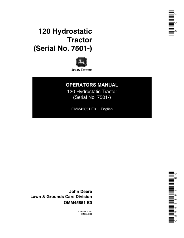 John Deere 120 Hydrostatic Tractor Operator's Manual (OMM45851)