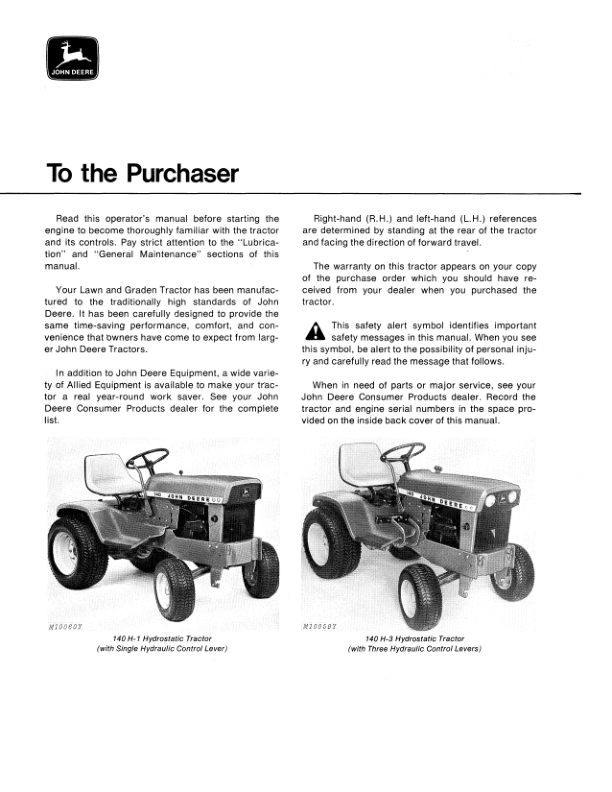 John Deere 140 Hydrostatic Tractor Operator's Manual (OMM46182) - Image 2