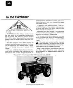 Alternative view of John Deere 112 Lawn & Garden Tractor (260001-) Operator's Manual (OMM46870)