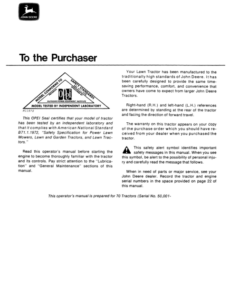 Alternative view of John Deere 70 Lawn Tractor (050001-) Operator's Manual (OMM46958)