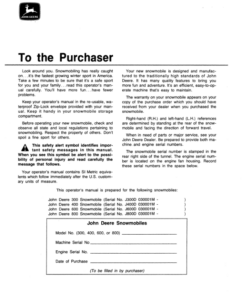 Alternative view of John Deere 300, 400, 500 & 600 Snowmobiles (030001-055000) Operator's Manual (OMM65275)