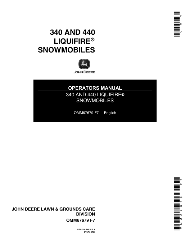 John Deere 340 & 440 Liquifire Snowmobiles North America (080001-120000) Operator's Manual (OMM67679)