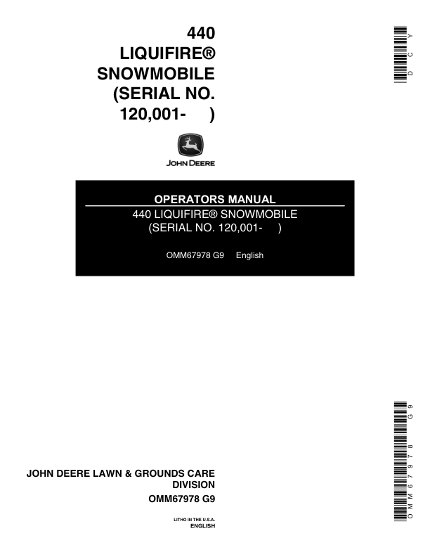 John Deere 440 Liquifire Snowmobile North America (120001-155000) Operator's Manual (OMM67978)