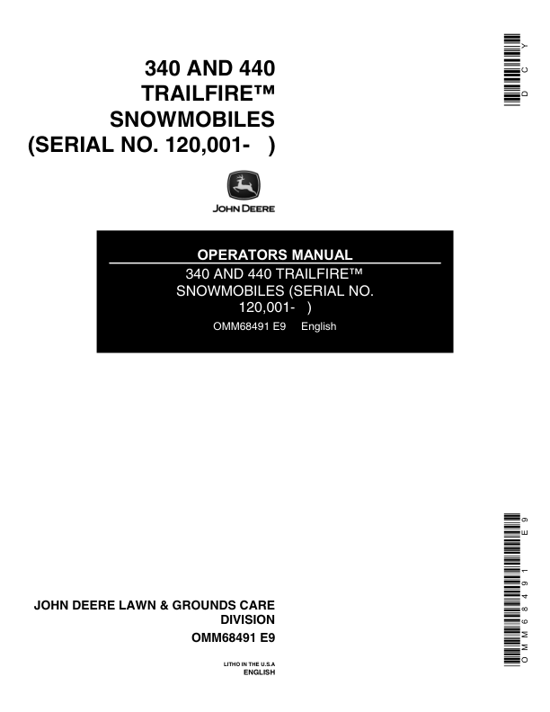 John Deere 340 & 440 Trailfire Snowmobiles (120001-155000) Operator's Manual (OMM68491)