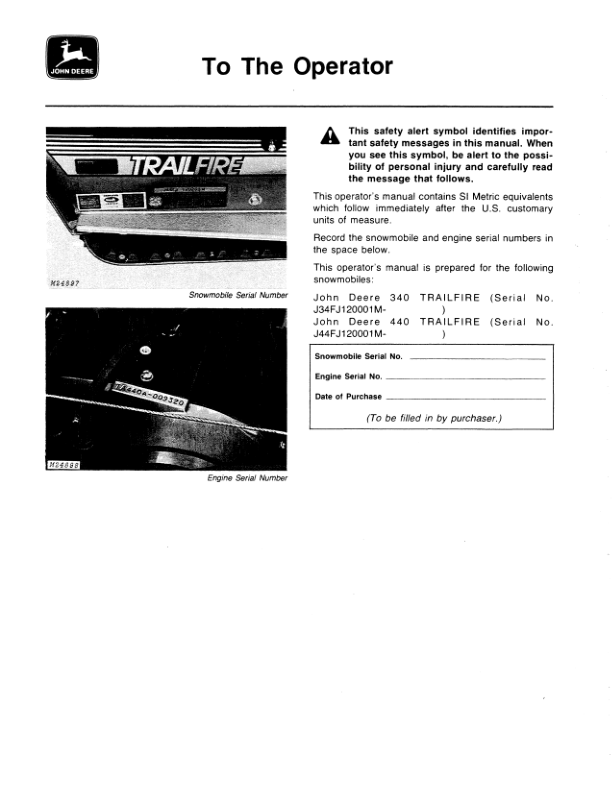John Deere 340 & 440 Trailfire Snowmobiles (120001-155000) Operator's Manual (OMM68491) - Image 2