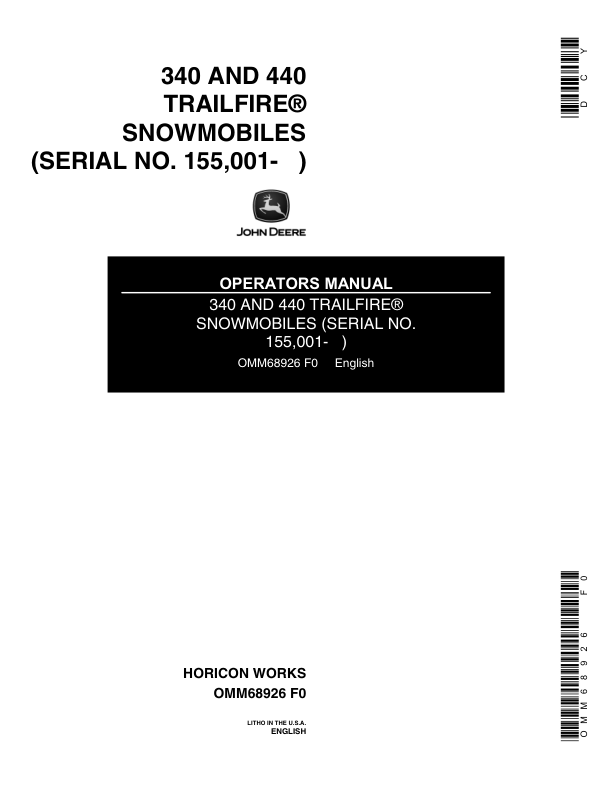 John Deere 340 & 440 Trailfire Snowmobiles (155001-190000) Operator's Manual (OMM68926)