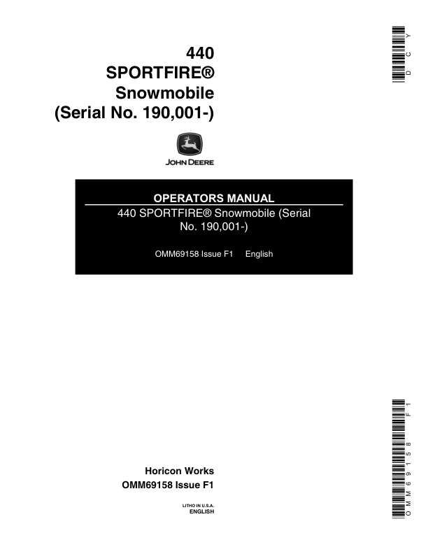 John Deere 440 Sportfire Snowmobiles (190001-222000) Operator's Manual (OMM69158)