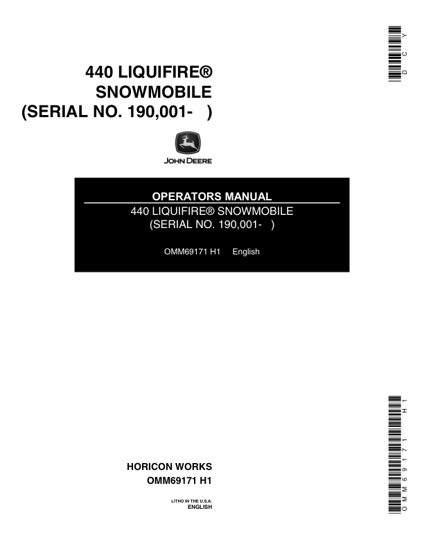 John Deere 440 Liquifire Snowmobiles (190001-222000) Operator's Manual (OMM69171)