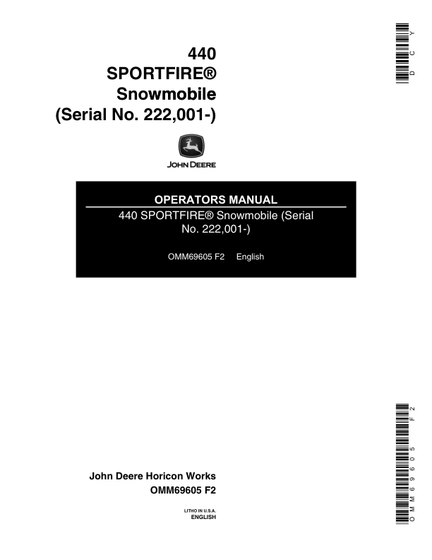 John Deere 440 Sportfire Snowmobiles (222001- ) Operator's Manual (OMM69605)