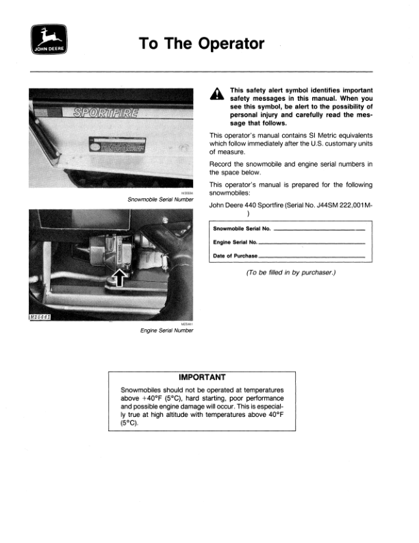John Deere 440 Sportfire Snowmobiles (222001- ) Operator's Manual (OMM69605) - Image 2
