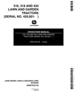 John Deere 316, 318, 420 Lawn & Garden Tractors (420001-) Operator's Manual (OMM72236)