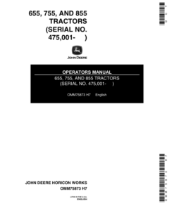 John Deere 655, 755 & 855 Tractors (475001-615000) Operator's Manual (OMM75873)